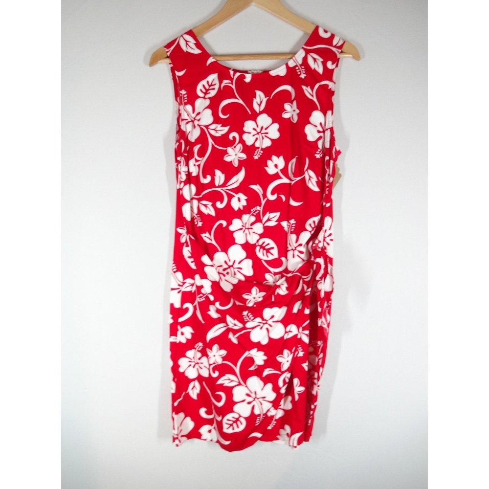 VTG Shannon Marie Hawaiian Dress Womens M Red White Hibiscus Floral Sarong Tie